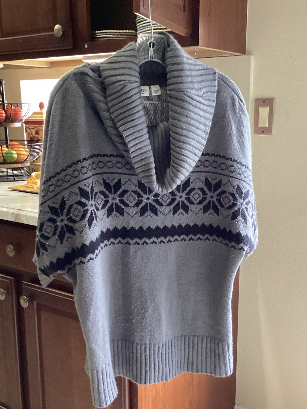 Cato Gray Turtleneck Fair Isle Poncho Sweater with Navy Pattern